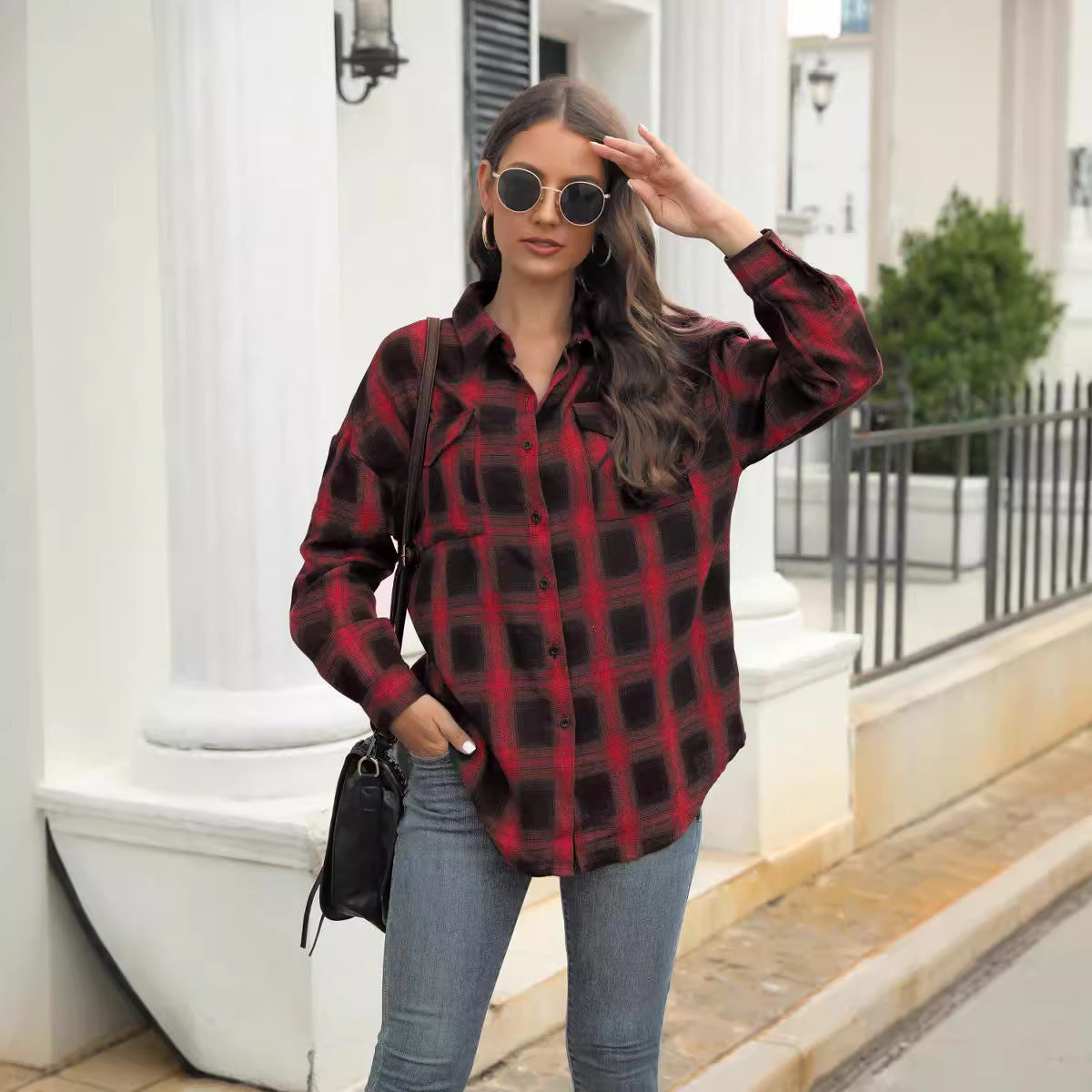 Plus Size Women's Long Sleeve Plaid Button Shirt