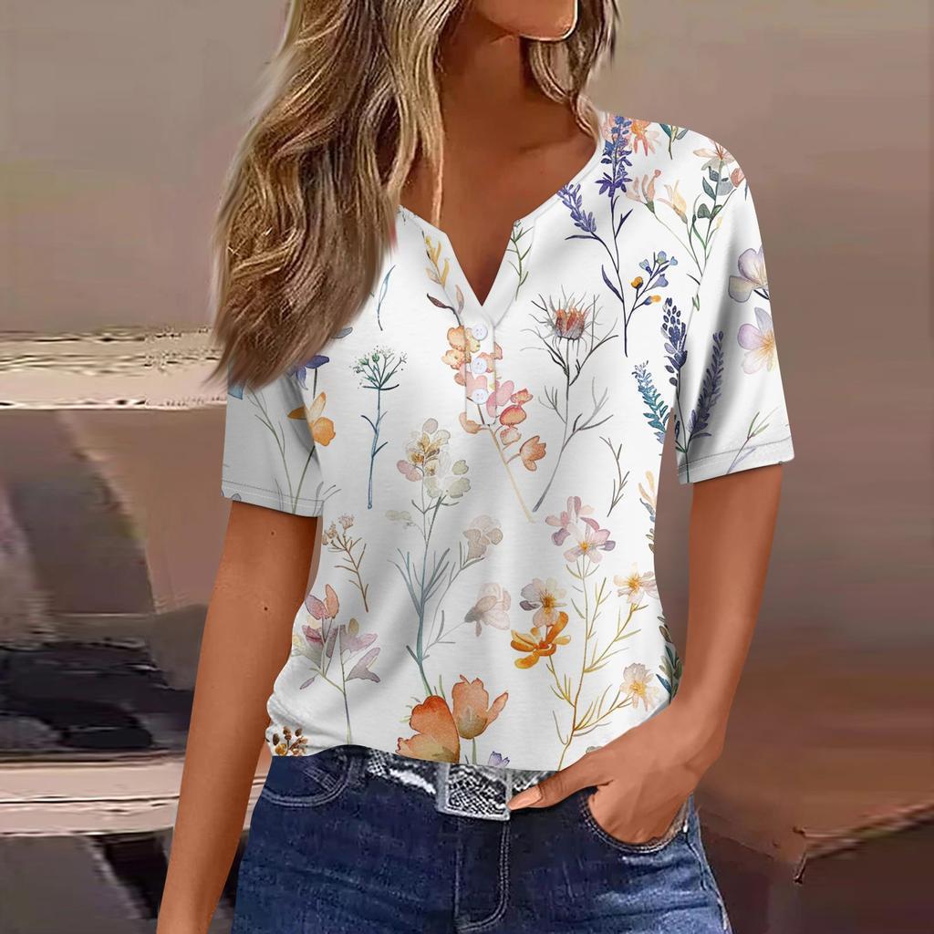 Women's Striped Gradient Flower Print Three-button V-neck Short Sleeve