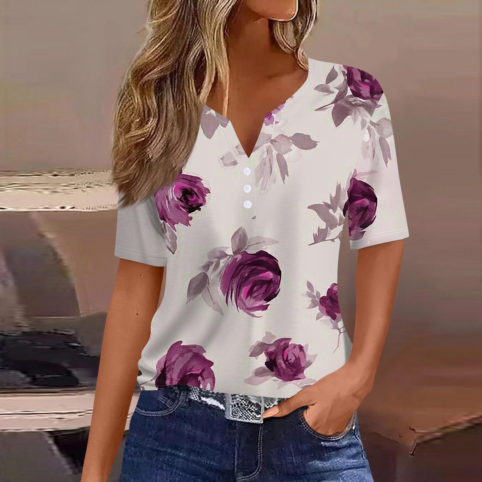 Women's Striped Gradient Flower Print Three-button V-neck Short Sleeve