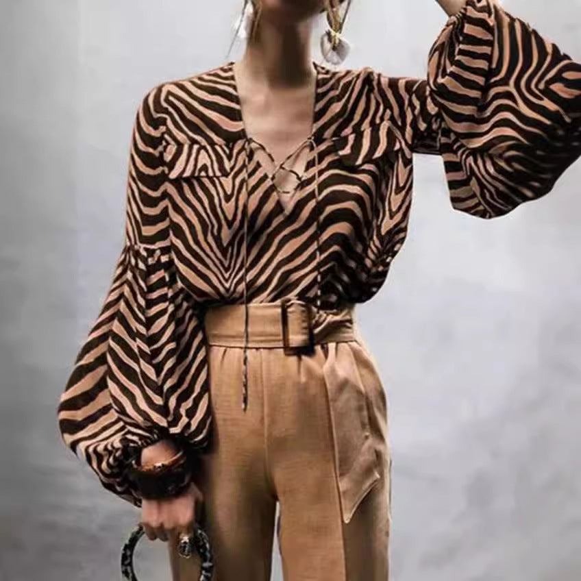 Women's Clothing Spring And Summer  Zebra Prints V-neck Lace-up Long Sleeve Shirt