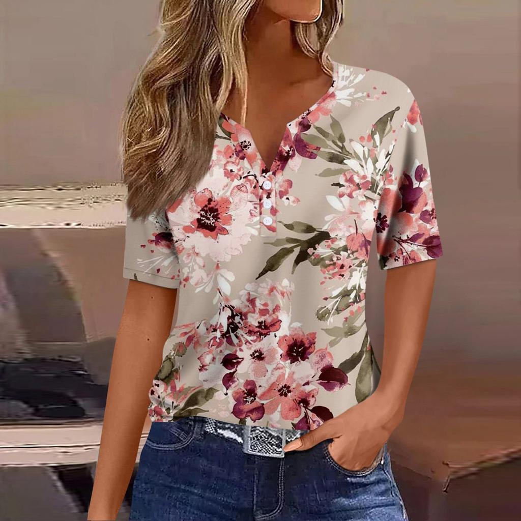 Women's Striped Gradient Flower Print Three-button V-neck Short Sleeve