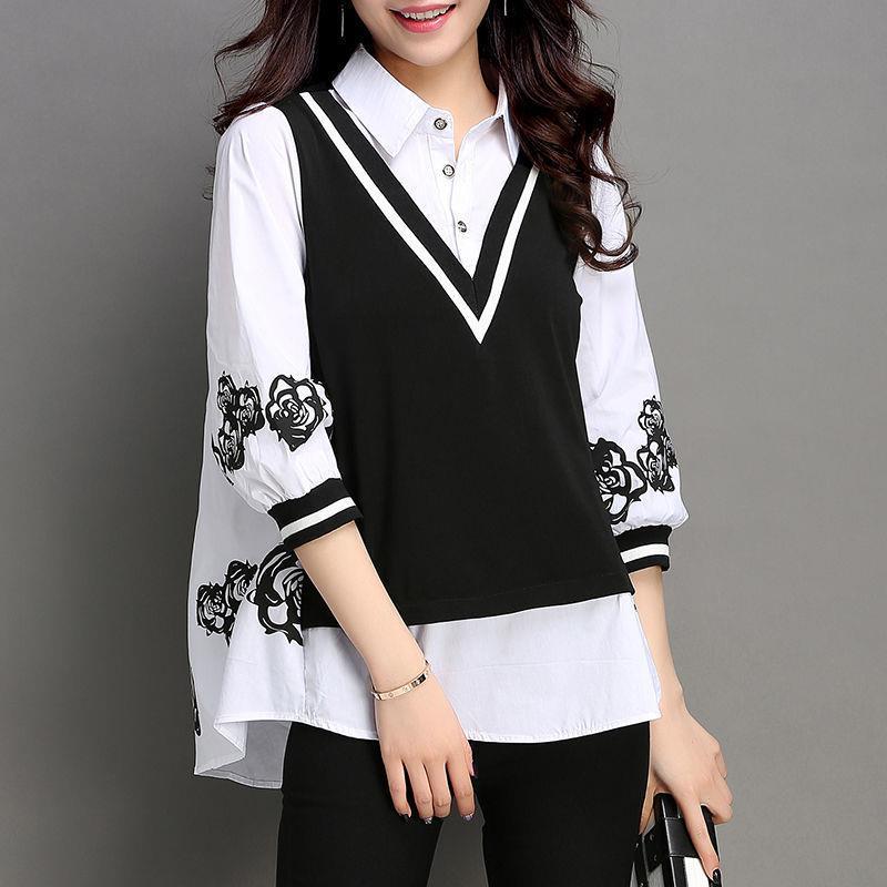 Women's Three-quarter Sleeve Fake Two-piece Bottoming Shirt