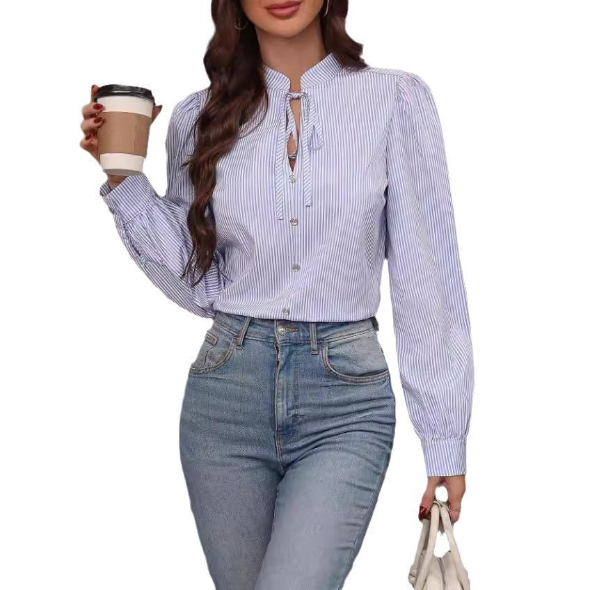 Women's V-neck Lace-up Button Striped Long Sleeve Shirt