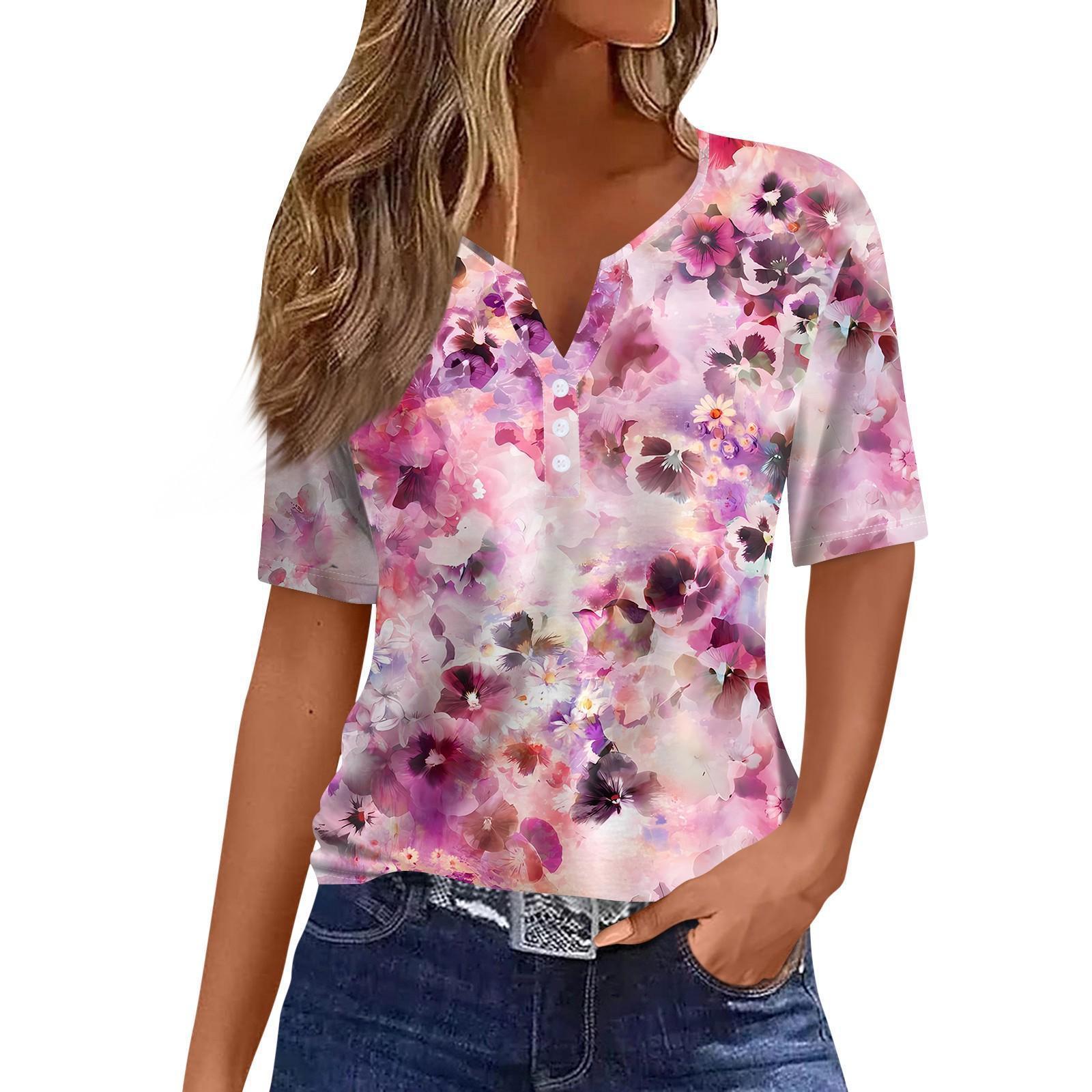 Women's Striped Gradient Flower Print Three-button V-neck Short Sleeve