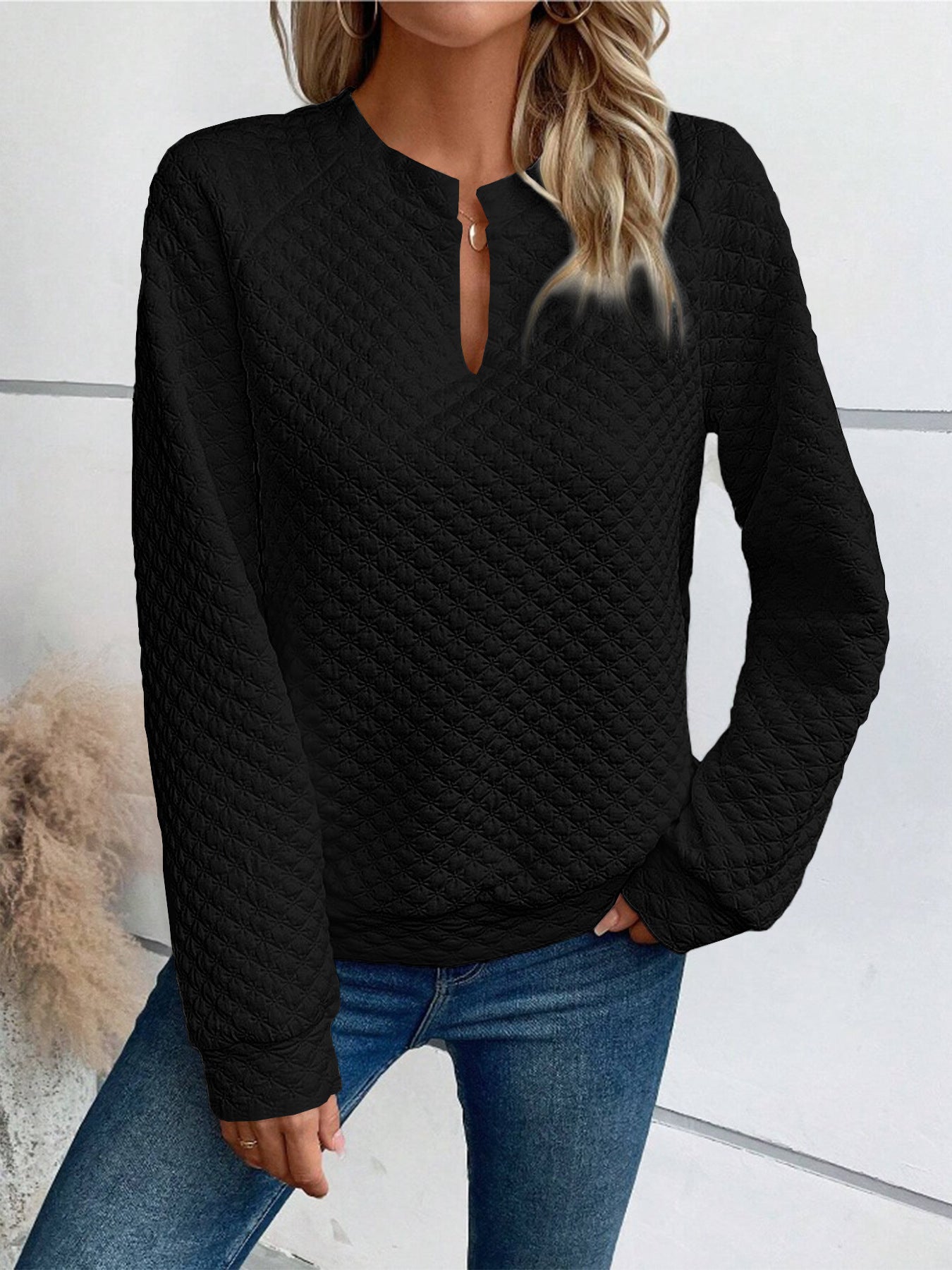 Fashion V-neck Long-sleeved T-shirt French Style Casual Solid Color Plaid Sweatshirt Top Womens Clothing