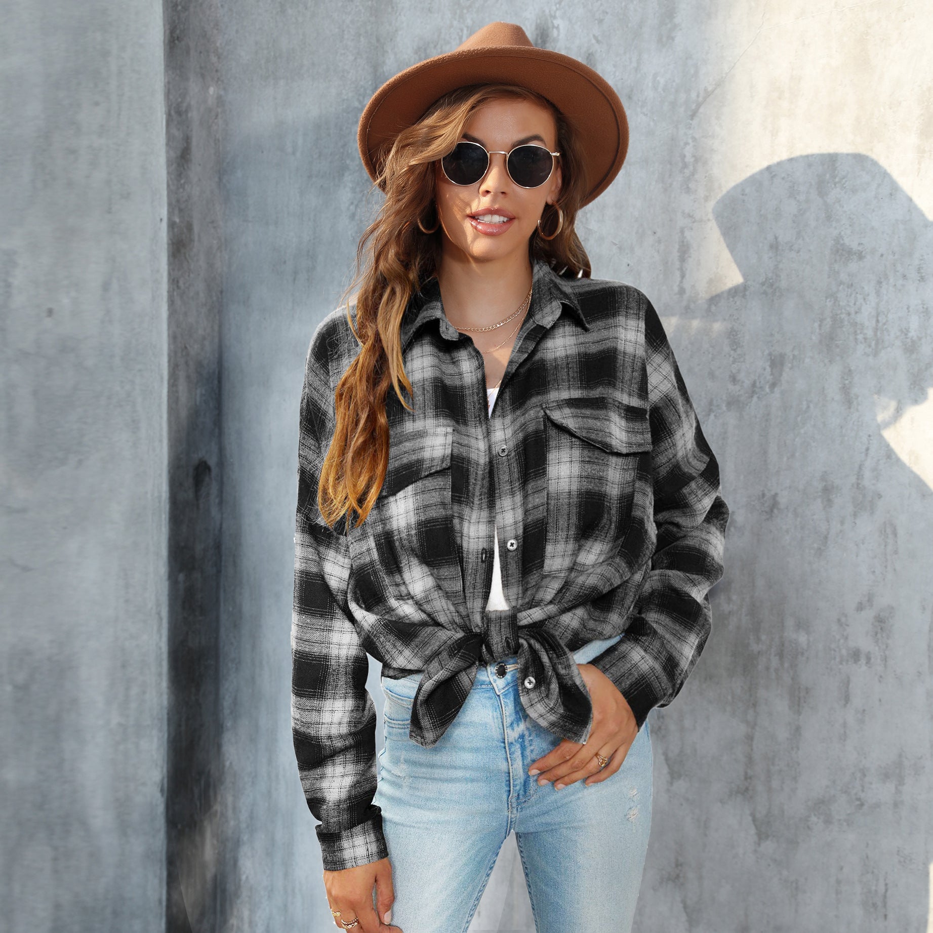 Plus Size Women's Long Sleeve Plaid Button Shirt