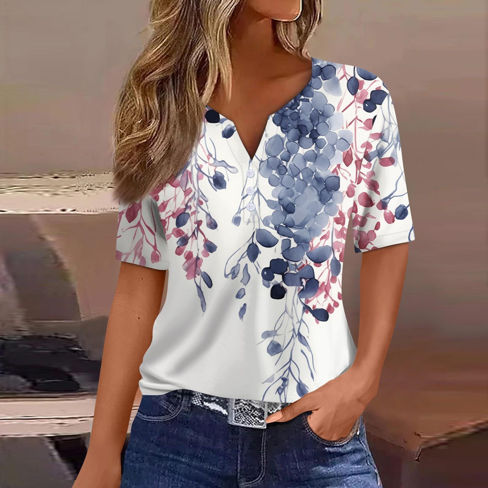 Women's Striped Gradient Flower Print Three-button V-neck Short Sleeve