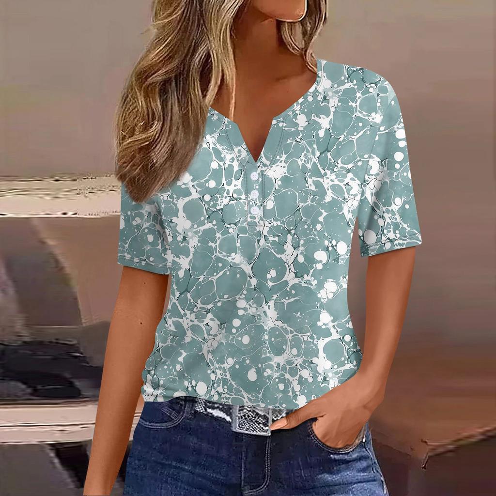 Women's Striped Gradient Flower Print Three-button V-neck Short Sleeve